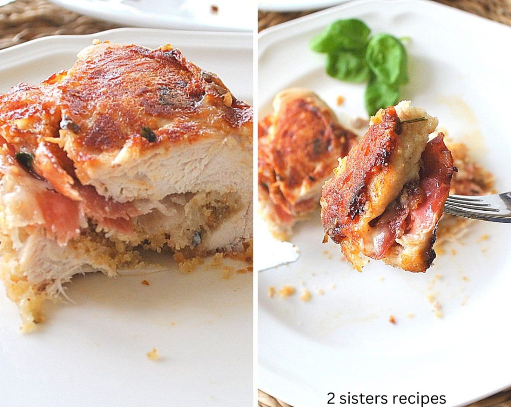 A sliced stuffed chicken on a white plate and a forkful. by 2sistersrecipes.com