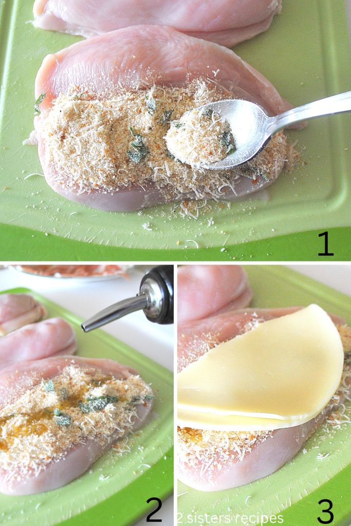 Bread crumbs spooned into the breast, then EVOO is drizzled on top. Then slice of cheese is added on top. by 2sistersrecipes.com