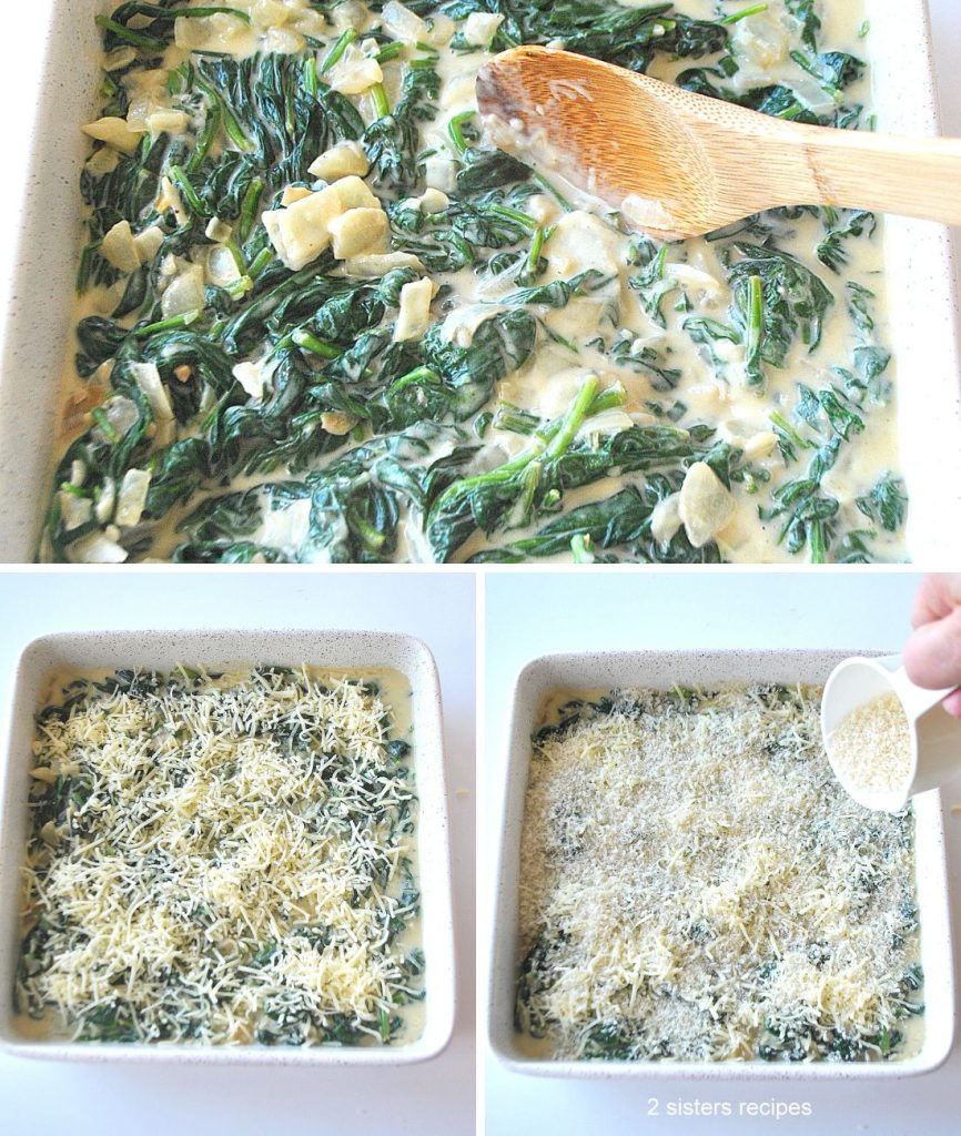 3 photos of baking pan with creamy spinach mixture and scattered with cheeses and panko bread crumbs. by 2sistersrecipes.com
