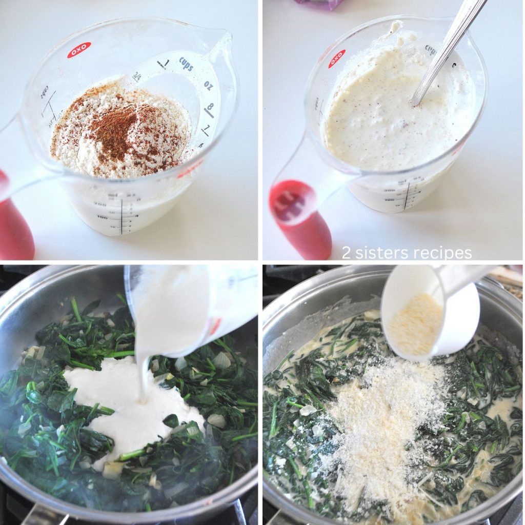 A measuring cup with cream and seasonings, the poured into the skillet with the spinach mixure. by 2sistersrecipes.com