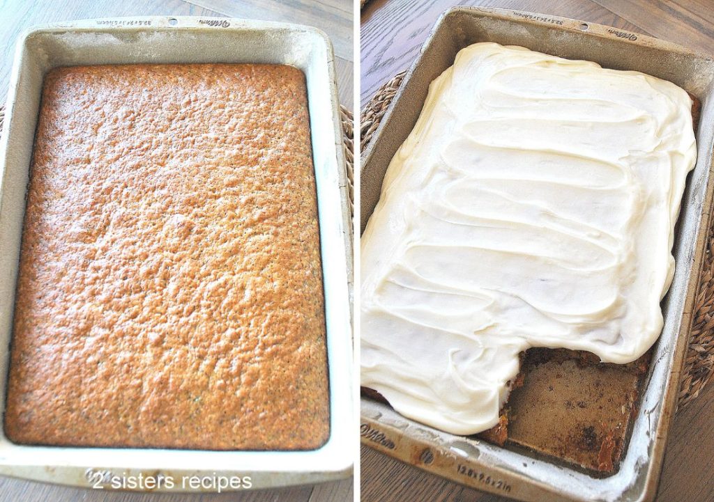 2 photos of the carrot sheet cake, and the second with white frosting on top. by 2sistersrecipes.com
