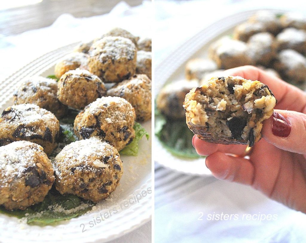 2 photos, one with  eggplant meatballs on a white serving platter, and one photo with a hand showing a bite into one meatball. by 2sistersrecipes.com