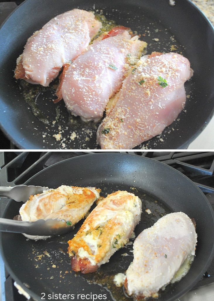 3 stuffed breasts in a dark skillet on stove top. by 2sistersrecipes.com