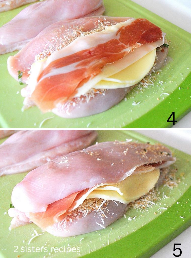 2 photos of prosciutto and cheese stuffed inside the breast. by 2sistersrecipes.com