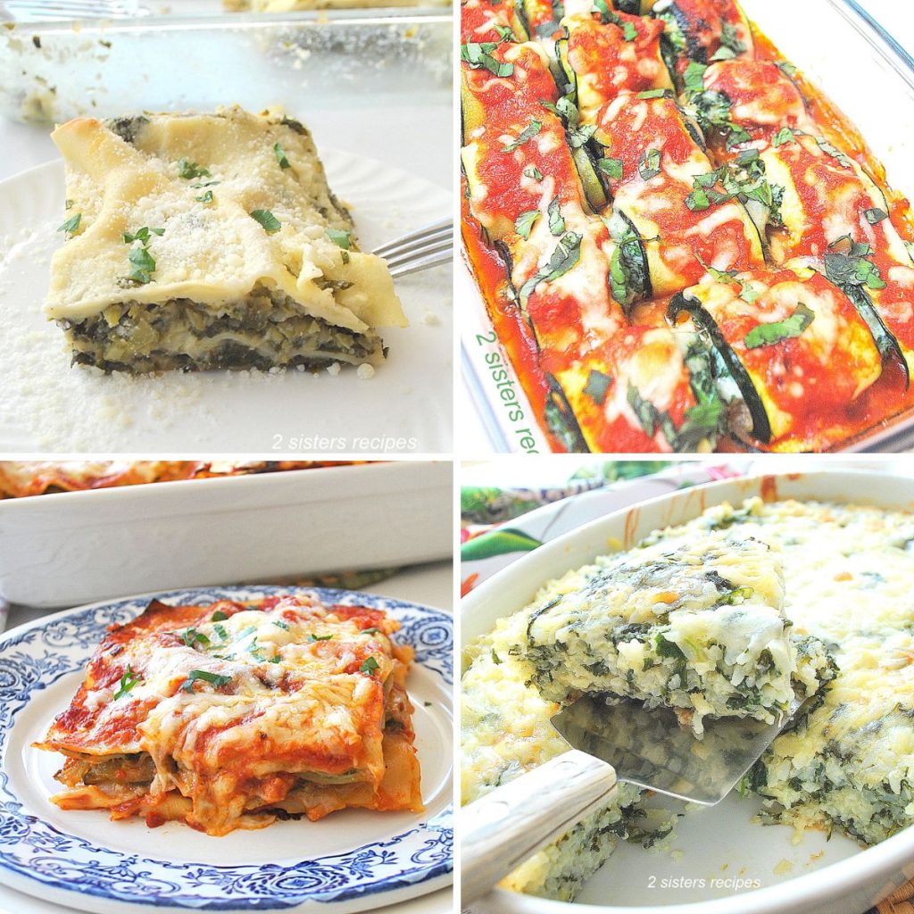 Different plates with white lasagna, rollatini, vegetable lasagna, and spinach and cheese casserole.