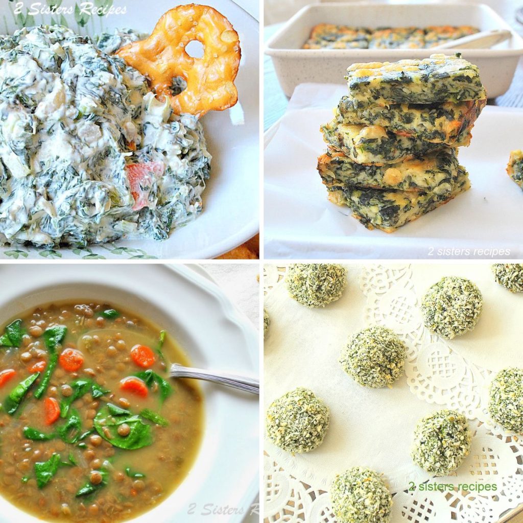  A spinach dip, spinach and cheese squares piled up, Lentil Soup, and spinach balls in different photos.