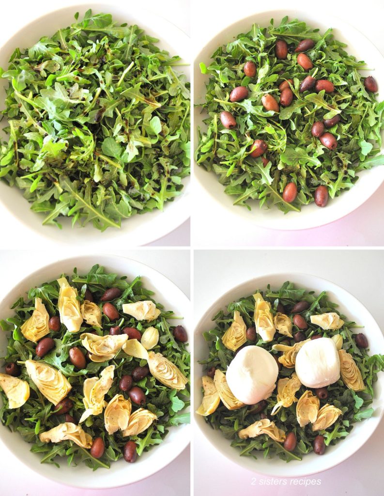 4 easy steps to make our arugula salad with artihcokes, olive and burrata cheese. by 2sistersrecipes.com