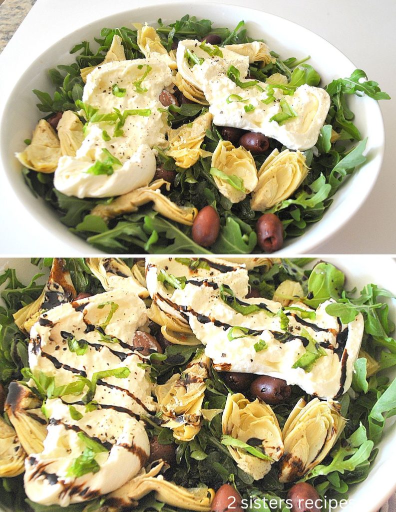 2 photos of a white bowl of salad topped with burrata cheese and artichoke hearts and olives. by 2sistersrecipes.com