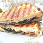 A grilled sandwich sliced on diagonal and placed on top, served on the white plate.