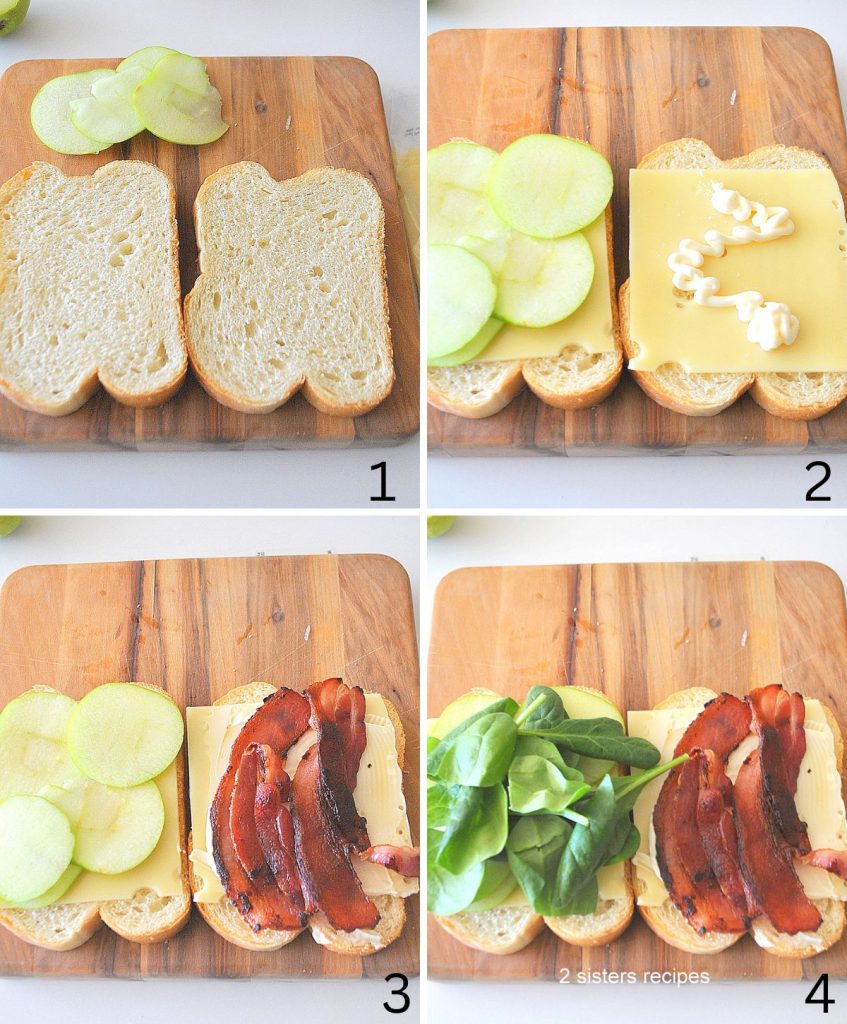 Four photos of steps to build a sandwich for grilled cheese. by 2sistersrecipes.com