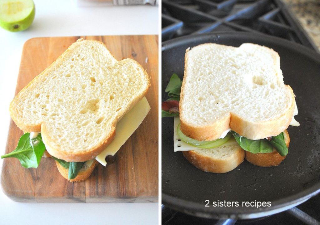 Two photos, one with the sandwich closed, and the other in a black skillet.  by 2sistersrecipes.com