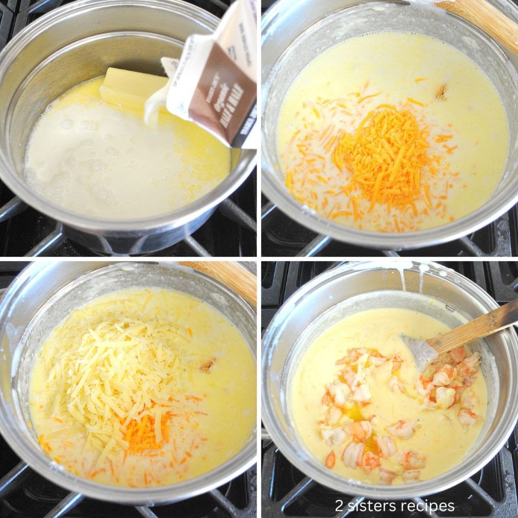 4 photos of cheese sauce in a saucepan on stovetop. by 2sistersrecipes.com