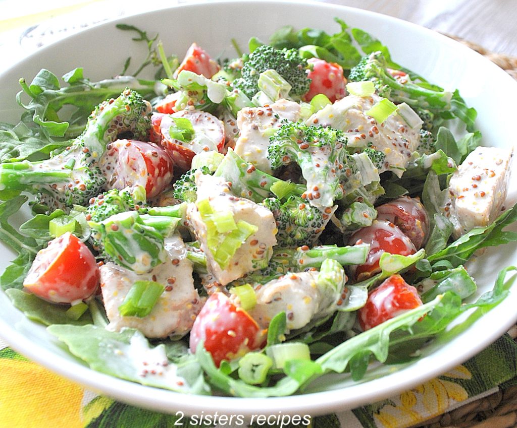 A white bowl filled with lettuce, cherry tomatoes and chunks of grilled chicken.