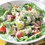 A white bowl filled with lettuce, cherry tomatoes and chunks of grilled chicken.