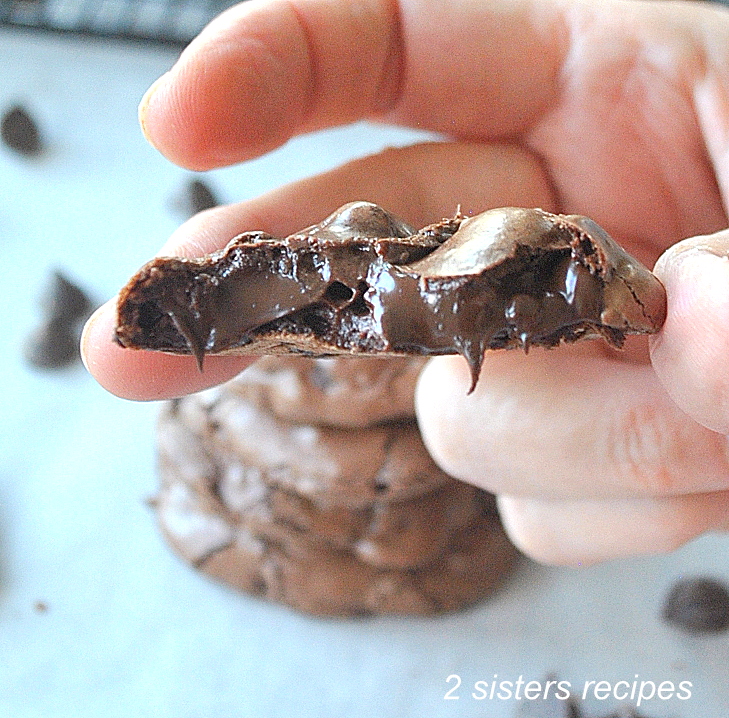 A hand holding a flourless chocolate fudge cookie that was bit into it. by 2sistersrecipes.com