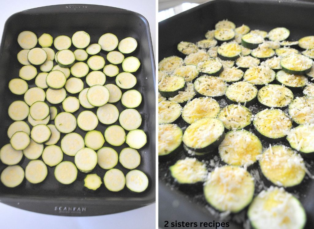 Sliced Zucchini disks in a single layer in a large roasting pan. by 2sistersrecipes.com