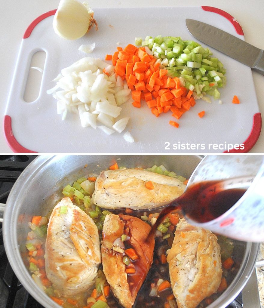 2 photos, one white board with chopped veggies, and red wine poured into the skillet with chicken. by 2sistersrecipes.com