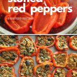 A colander with red peppers cut in halves, and a baking pan with them stuffed.