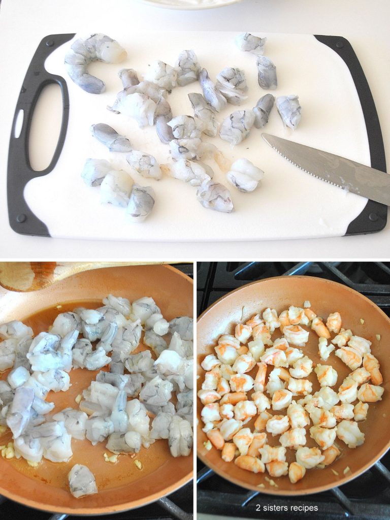 photos of raw shrimp chopped on white board, and then in an orange colored skillet to cook. by 2sistersrecipes.com