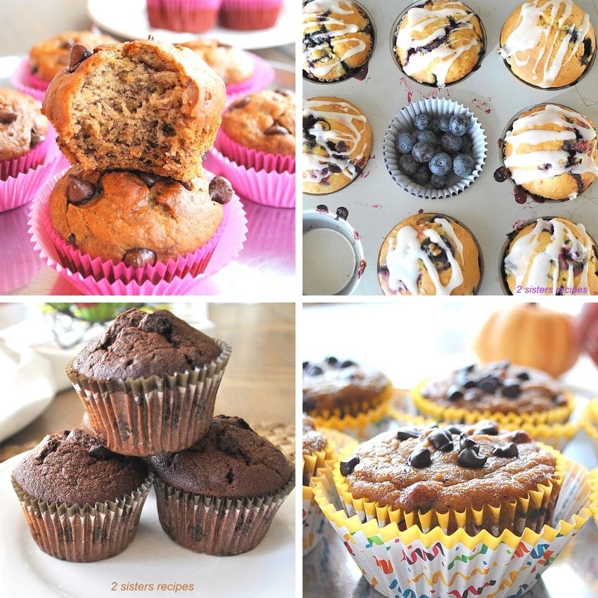 4 photos of different baked muffins. by 2sistersrecipes.com
