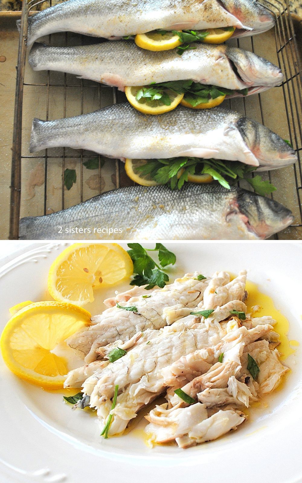 Whole raw branzino fish already stuffed and placed on a rack, and a white plate with white fish cooked with lemon slices on the side.