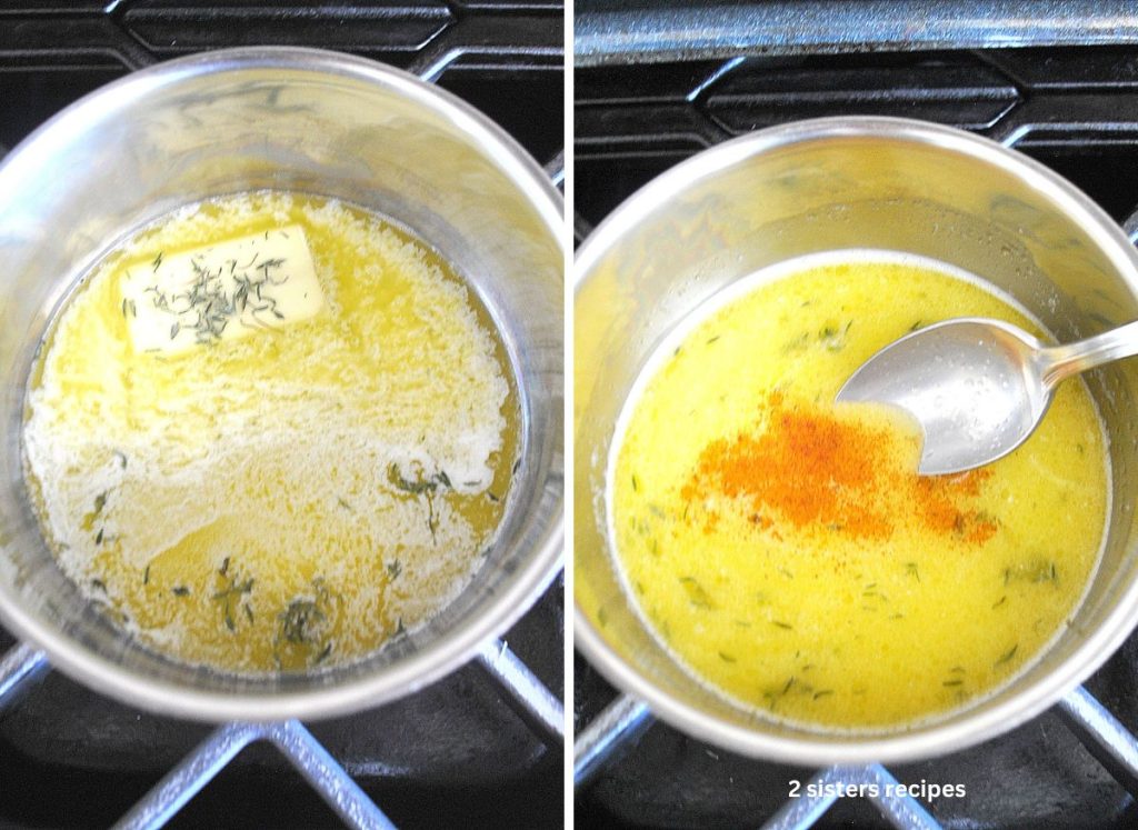 A small pot with melted butter and thyme to make the lemon sauce for the baked trout. by 2sistersrecipes.com