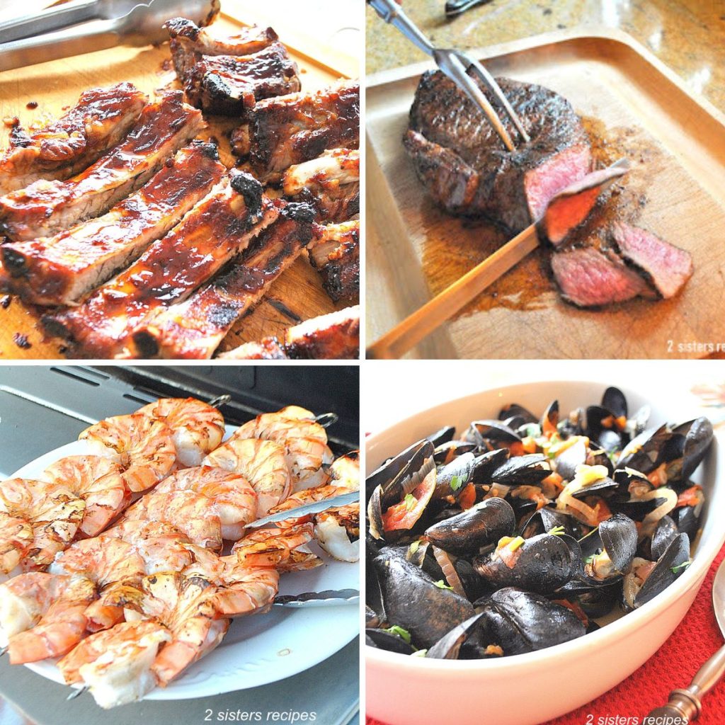 BBQ ribs on cutting board, slicing a London broil, a dish with grilled shrimp kabobs., and steamed mussels in an oval platter.