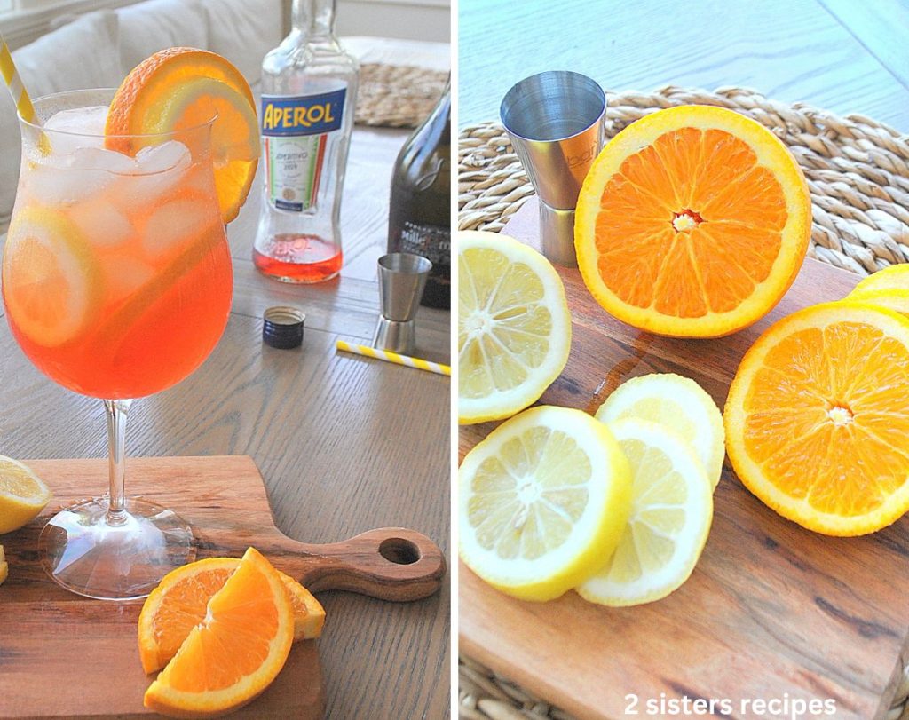 2 photos of aperol spritz cocktail on a wood board, and lemon and orange slices on the board. by 2sistersrecipes.com