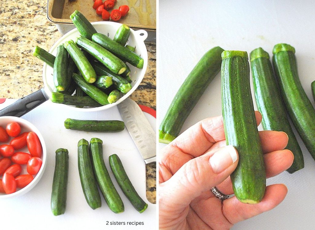 2 photos of mini zucchinis and cherry tomatoes on a white cutting board. by 2sistersrecipes.com