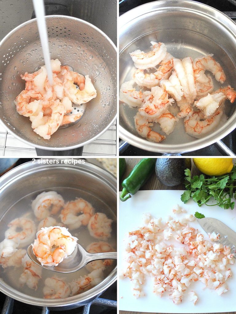 4 photos of rinsing shrimp in colander and then cooking it in a pot. by 2sistersrecipes.com