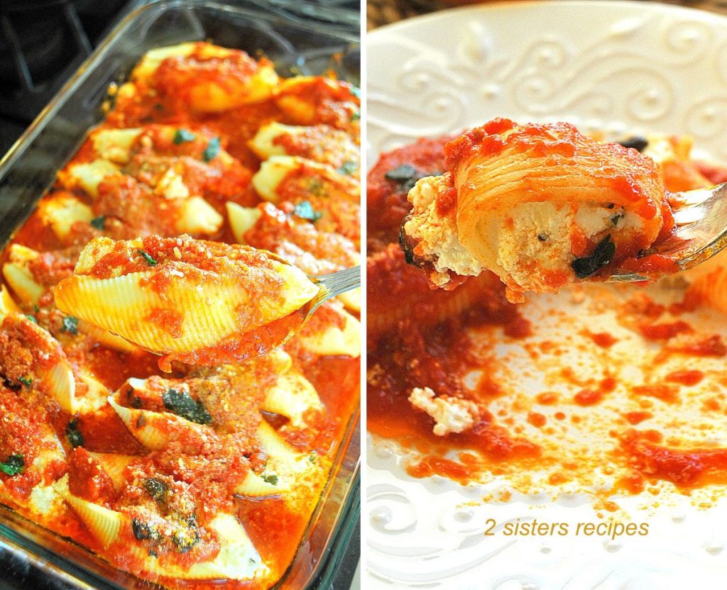2 photos of  baked stuffed shells, and a forkful in the other photo. by 2sistersrecipes.com