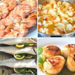 Grilled shrimp on skewers, whole fish stuffed with lemon and parsley, grilled scallops, and pot filled with lobster sauce.