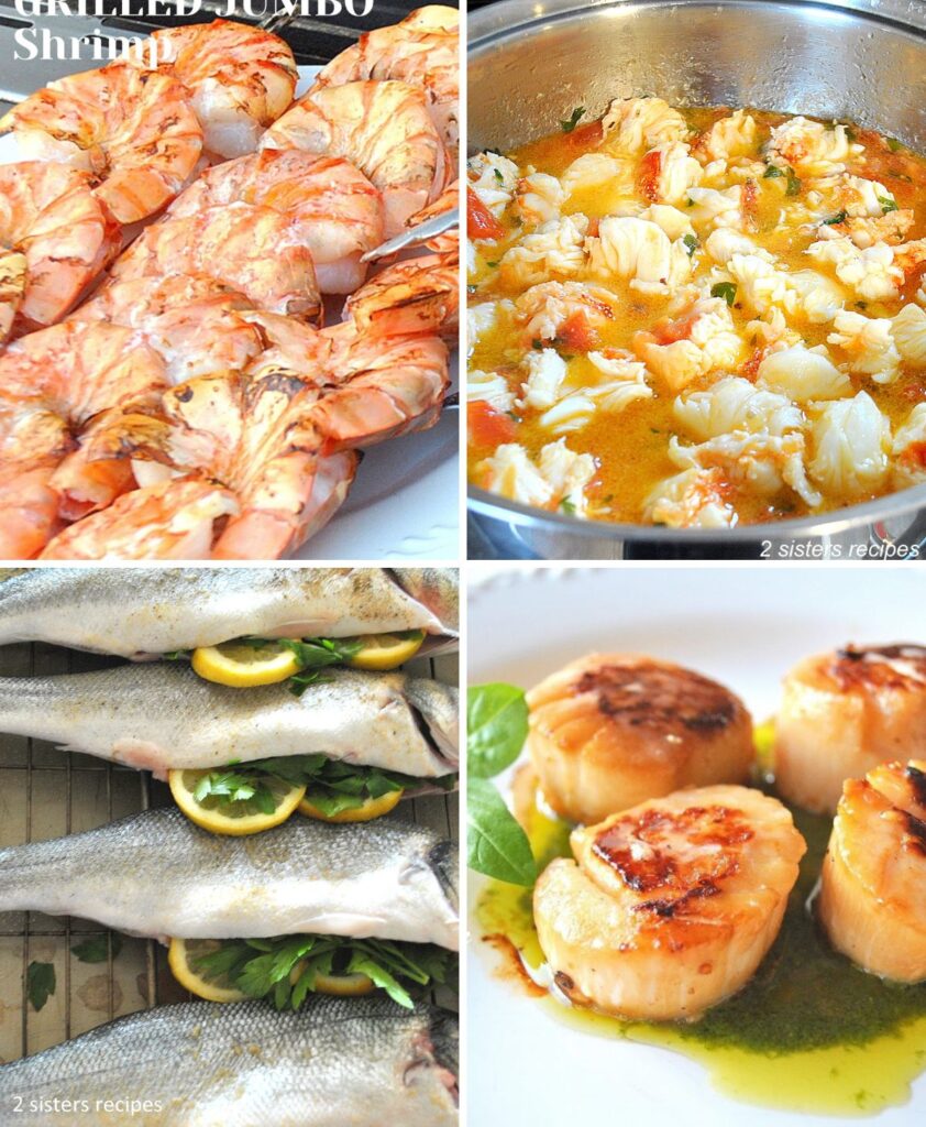 Grilled shrimp on skewers, whole fish stuffed with lemon and parsley, grilled scallops, and pot filled with lobster sauce.