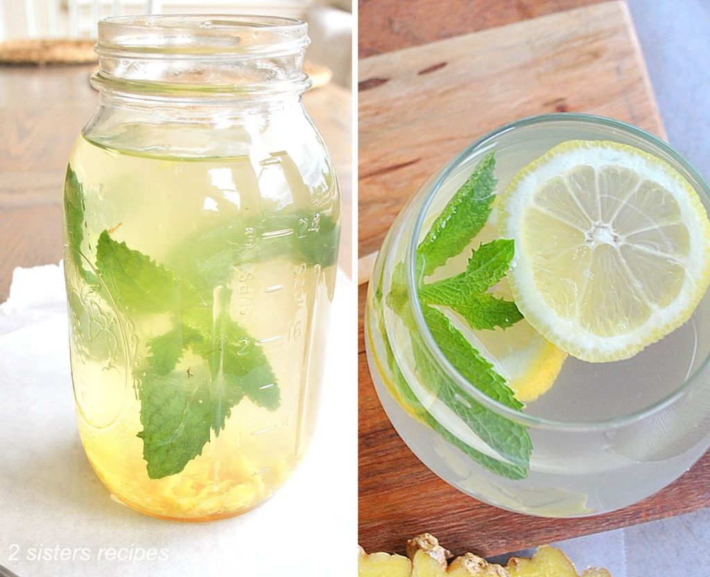 2 photos with a mason jar filled with water,mint and ginger. The other is a glass of healthy water. by 2sistersrecipes.com 