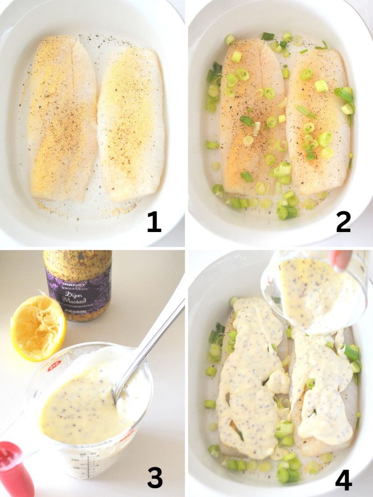 4 steps to preparing the cod fish in the baking dish. 
