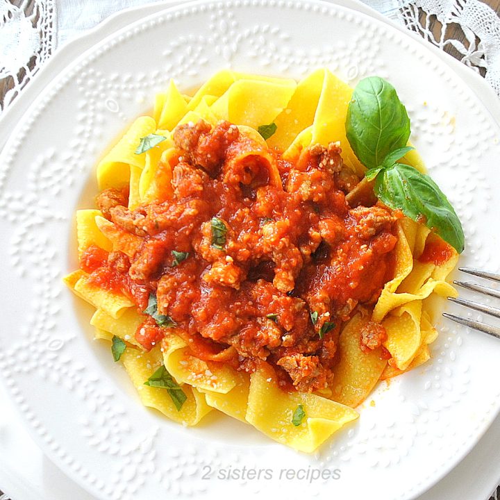 A bowl of pappardelle pasta served with pork ragu.