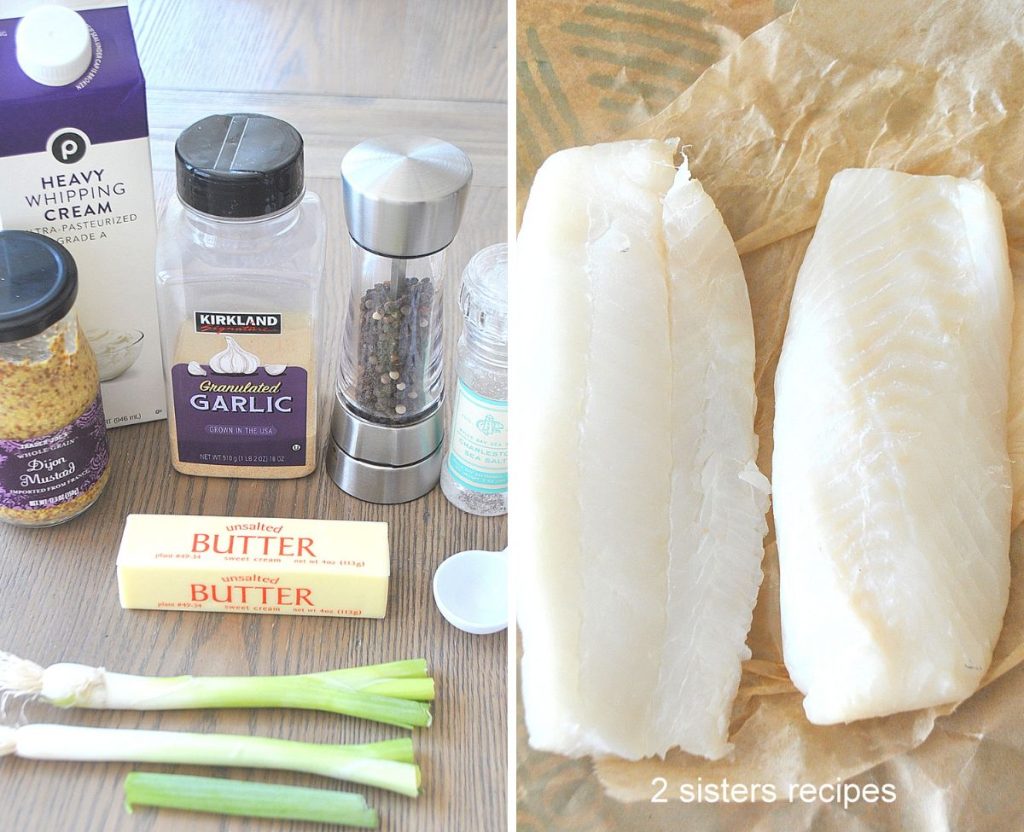 2 photos, one with the ingredients on the table. The other is fresh raw cod fish. by 2sistersrecipes.com