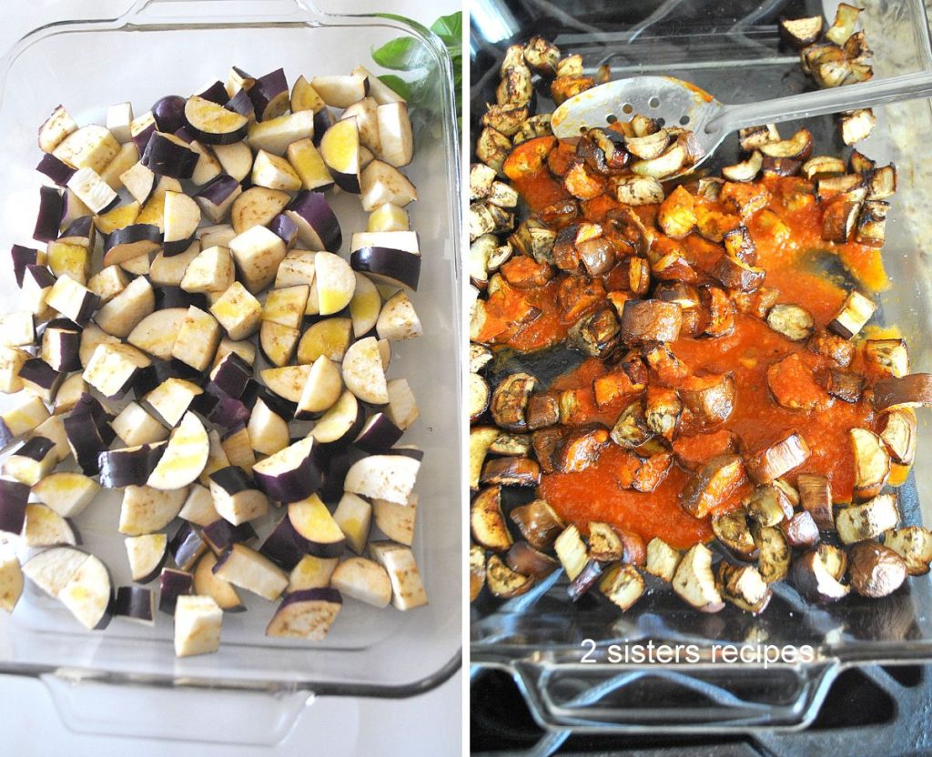 2 photos of eggplant in aglass pyrex baking dish, and tomato sauce stirred in the other. by 2sistersrecipes.com