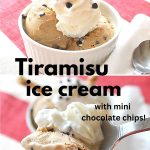 A white cup filled with coffee-flavored ice cream filled with chocolate chips and topped with whipped cream.