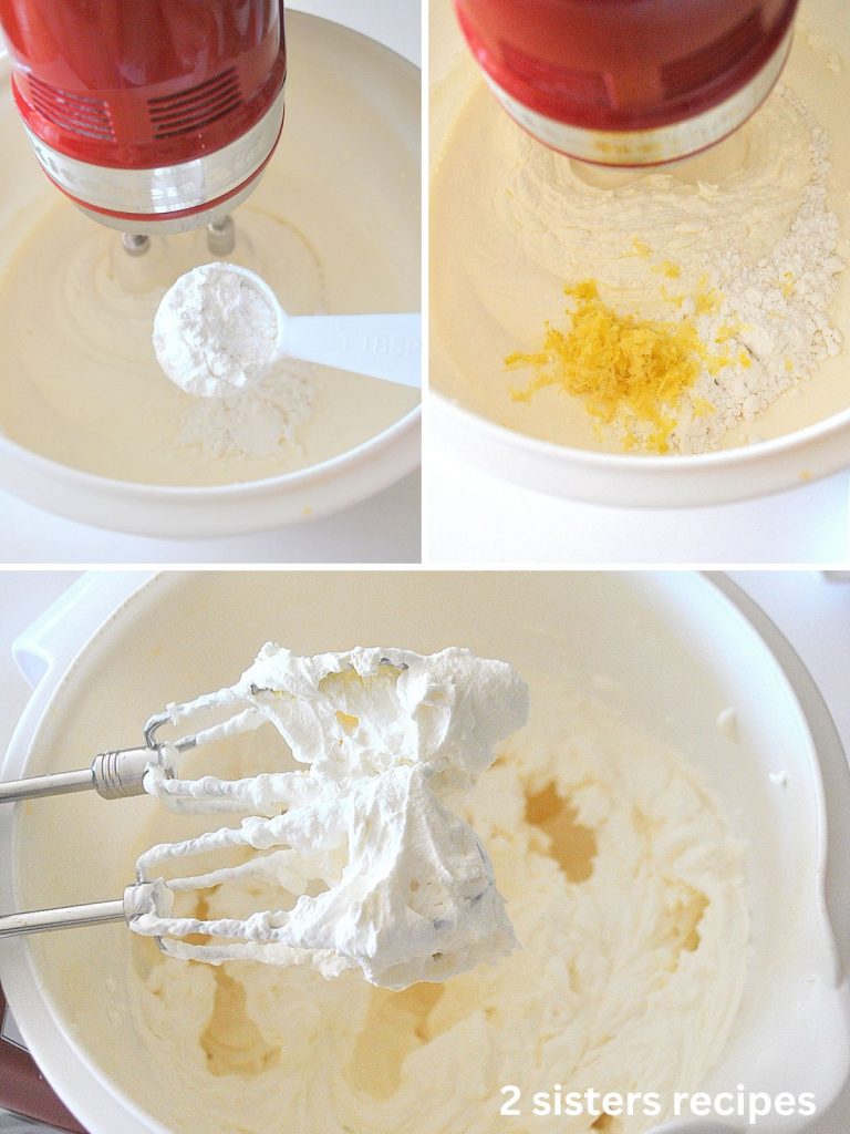 In a white bowl, the heavy cream is beaten until it forms stiff peaks. by 2sistersrecipes.com 