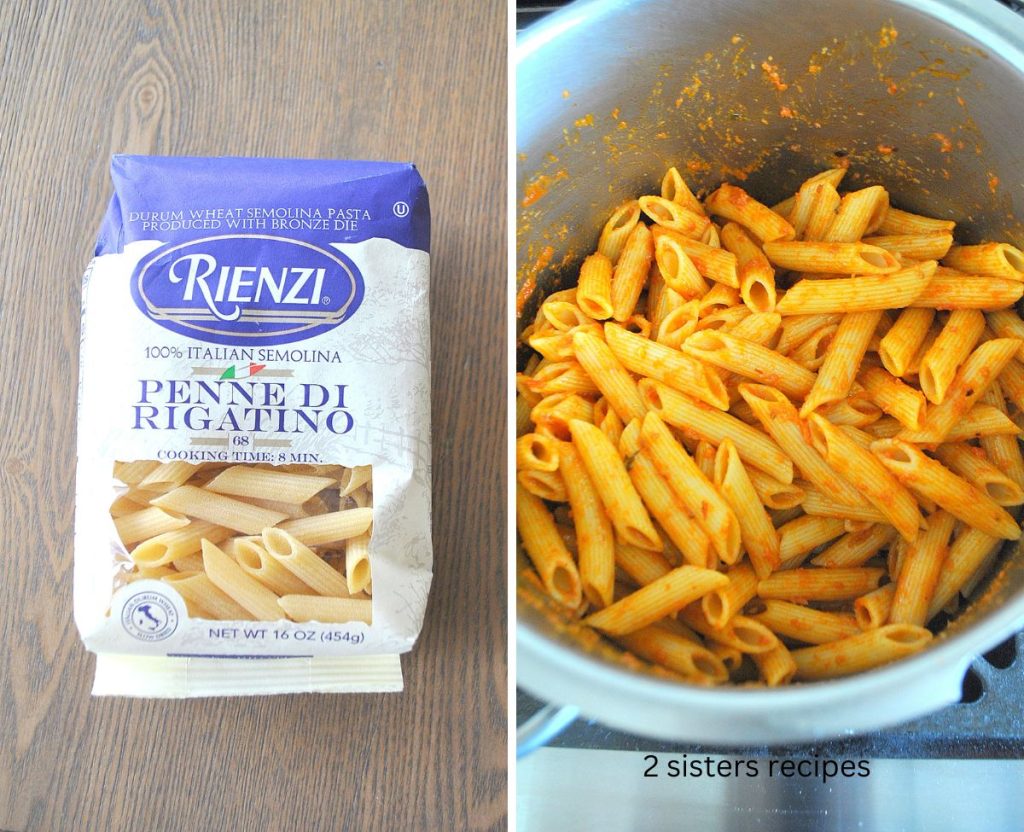 A package of dry pasta o n table, and cooked in a large pot.