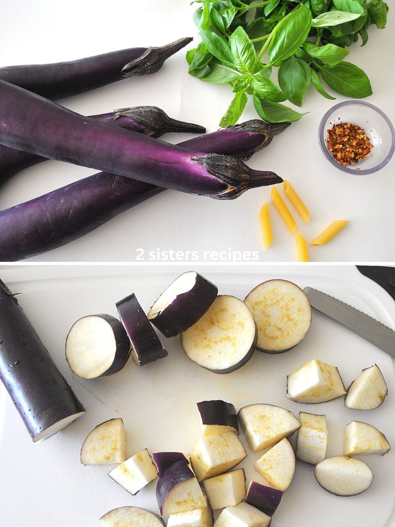 A couple of purple Japanese eggplants, fresh basil, dry pasta and crushed red pepper flakes. by 2sistersrecipes.com