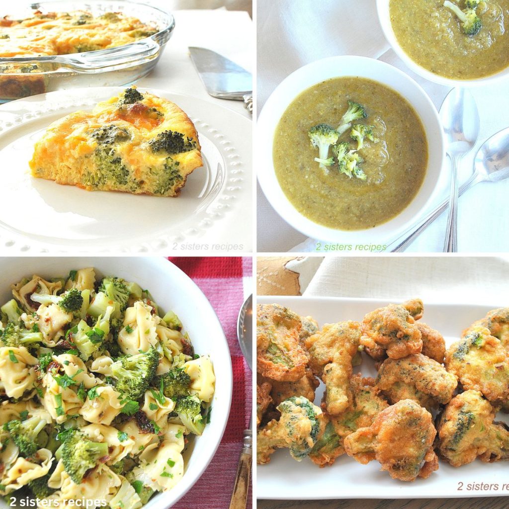 A slice of quiche with broccoli on a white dish, bowl of broccoli soup and salad, and fritters.
