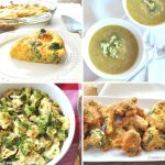 A slice of quiche with broccoli on a white dish, bowl of broccoli soup and salad, and fritters.