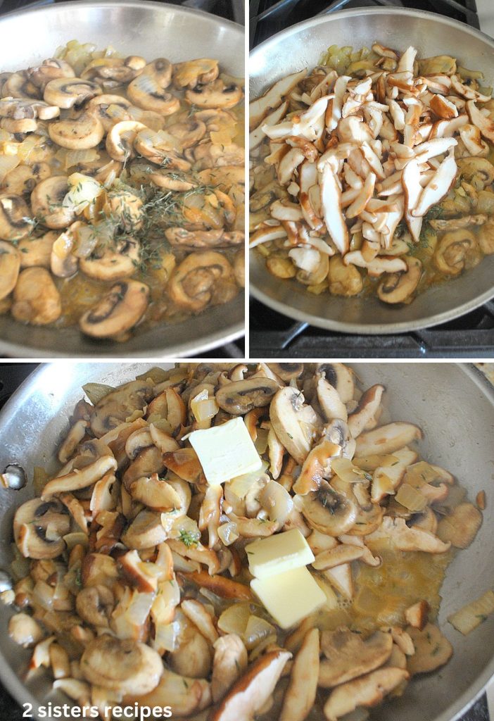 3 photos of mushrooms sautéing in a skillet with butter and thyme. by 2sistersrecipes.com