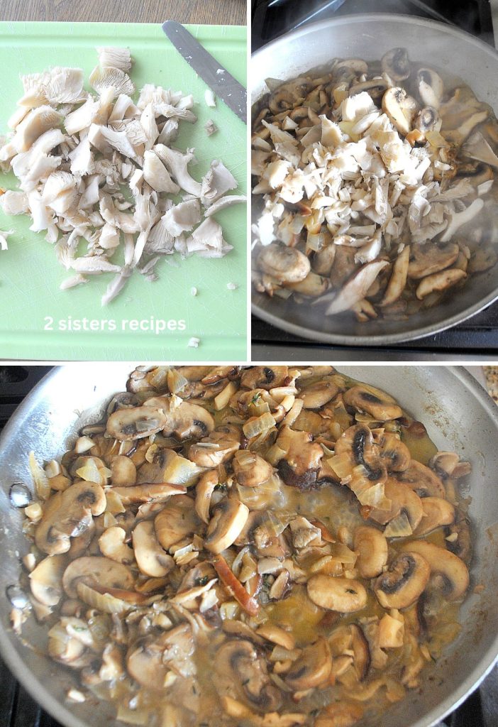 3 photos with Oyster mushrooms and sauteing in a skillet. by 2sistersrecipes.com