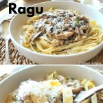 A white pasta bowl filled with wide noodle pasta topped with mushroom ragu and grated cheese.