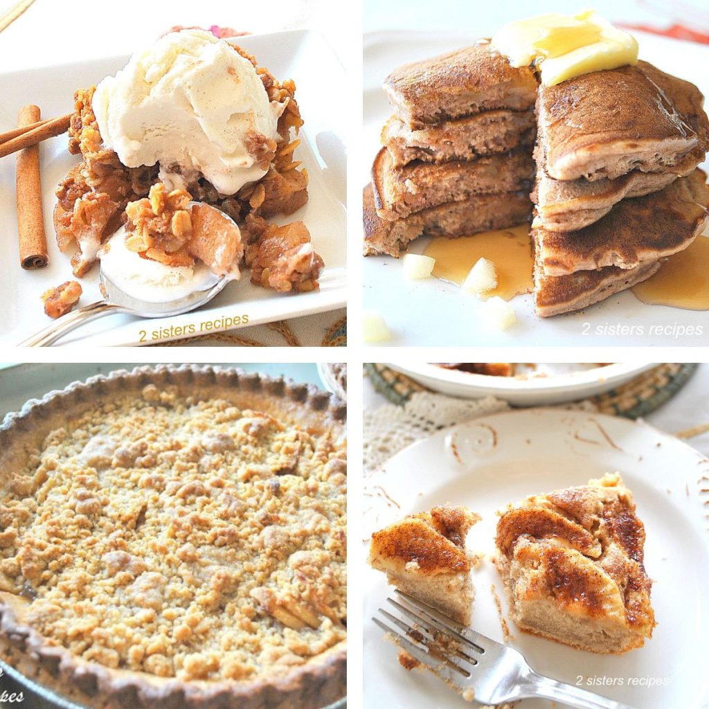 Different recipes for apples, pancakes, a slice of pie and a crumble pie, and a scoop of ice cream.