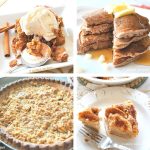 Different recipes for apples, pancakes, a slice of pie and a crumble pie, and a scoop of ice cream.