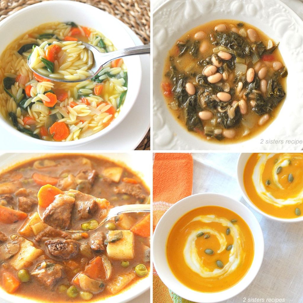 Four white bowls filled with different soup recipes.